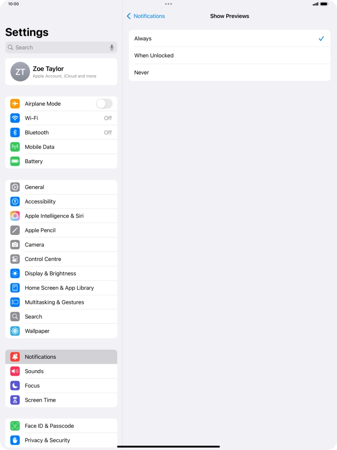 To select notification preview on the lock screen, press Always. To select notification preview on the lock screen, press Always.