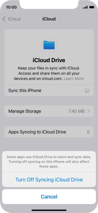 If you turn off the function, press Turn Off Syncing iCloud Drive.