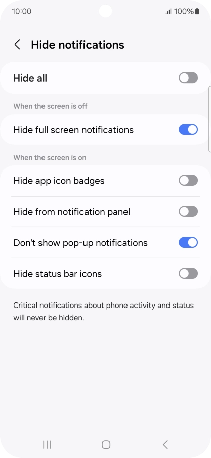 Press the indicators next to the required settings to turn display of the selected notification types on or off.