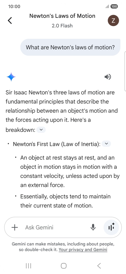 Transcription of the conversation with Gemini Live is now displayed.