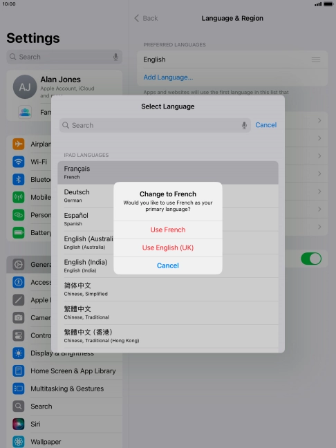 To select the new language as the default tablet language, press Use ‹language›. To select the new language as the default tablet language, press Use ‹language›.