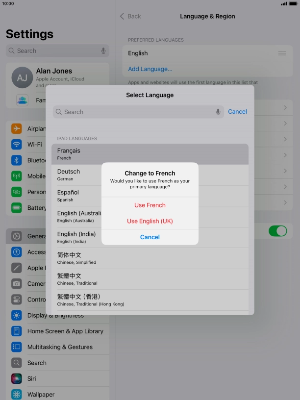 To select the new language as the default tablet language, press Use ‹language›. To select the new language as the default tablet language, press Use ‹language›.