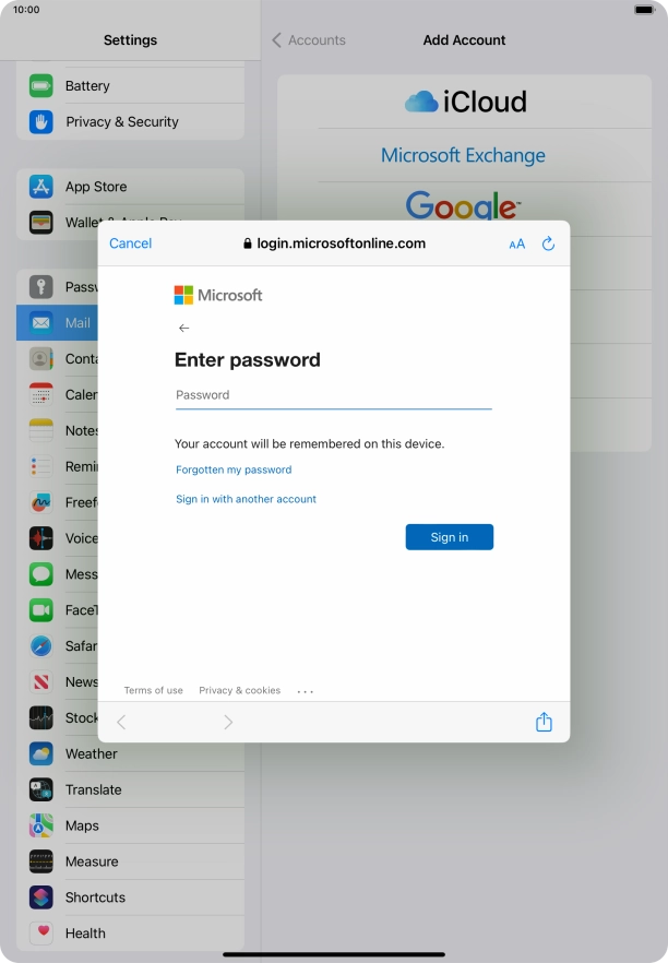 Press Password and key in the password for your email account.