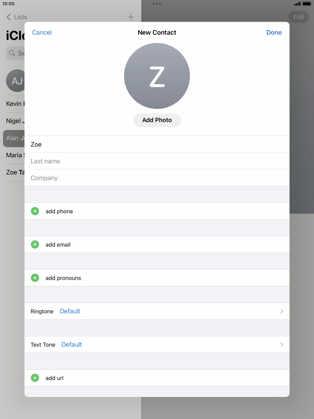 Press Last name and key in the last name. Press Last name and key in the last name.