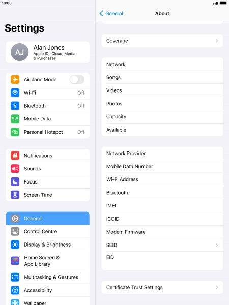 Your tablet's EID number is displayed below EID.