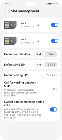 Press the indicator next to the required SIM to turn use of the SIM on or off.