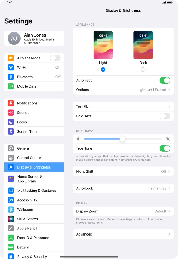 If you turn on the function, press Options and follow the instructions on the screen to select the required period of time for Dark Mode.