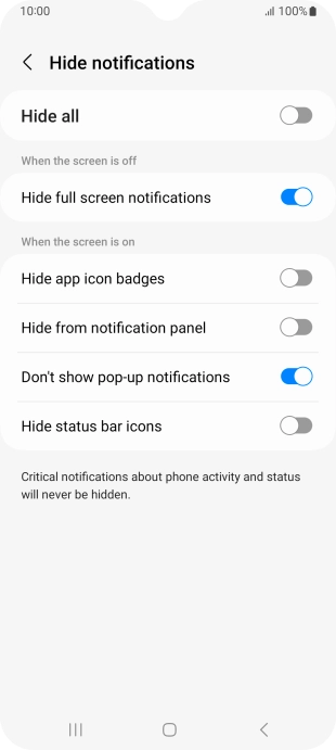 Press the indicators next to the required settings to turn display of the selected notification types on or off.