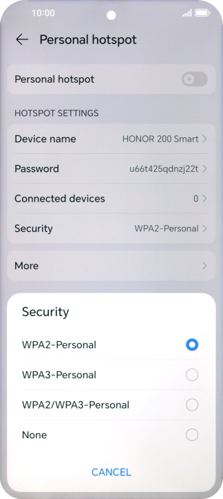 Press WPA3-Personal to password protect your Wi-Fi hotspot.