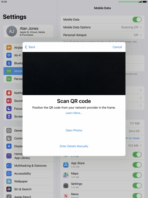 Place the QR code you've received inside the tablet camera frame to scan the code. If you’ve deleted your eSIM, you can re-add it using your existing QR code. If you’re having problems, see our FAQ.