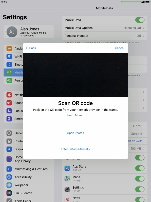 Place the QR code you've received inside the tablet camera frame to scan the code. If you’ve deleted your eSIM, you can re-add it using your existing QR code. If you’re having problems, see our FAQ.