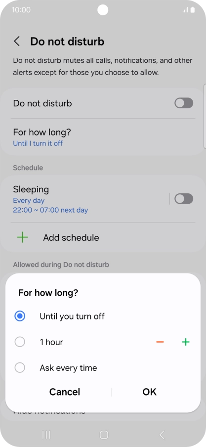 Press the required setting.