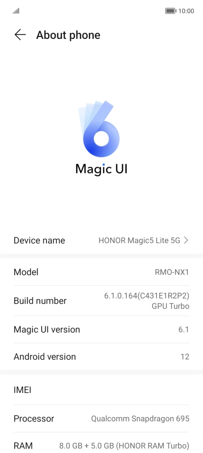 Your phone's software version is displayed next to Android version.