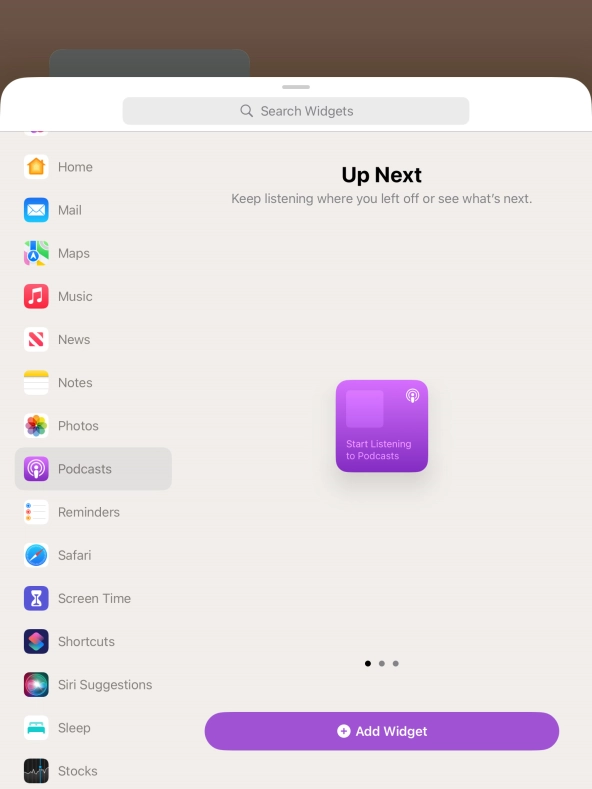 Slide your finger right or left on the screen to select the required widget size.