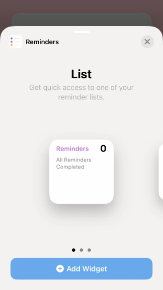 Slide your finger right or left on the screen to select the required widget size.