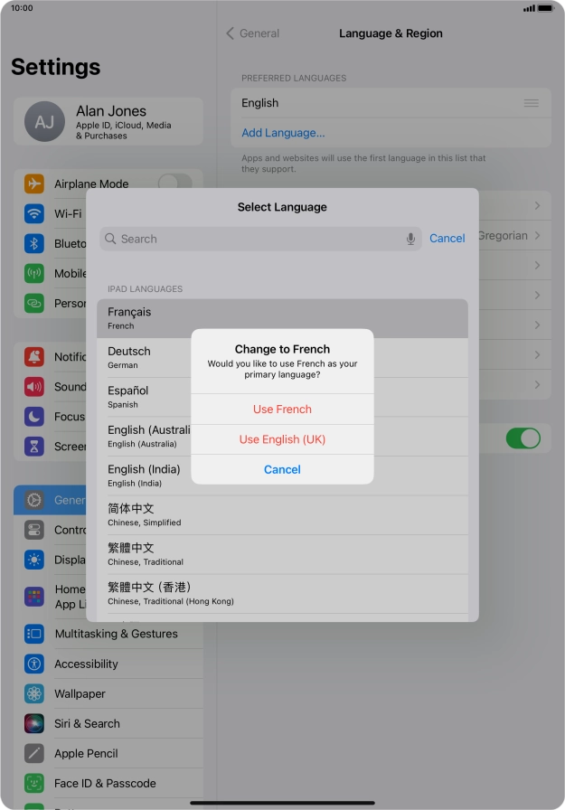 To select the new language as the default tablet language, press Use ‹language›.