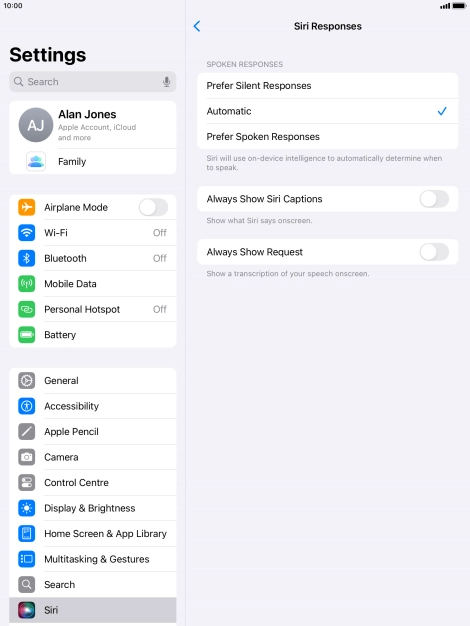 Press the required setting.