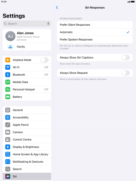 Press the required setting.