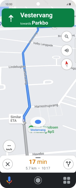 The travel information at the bottom of the screen shows your estimated time of arrival and distance to destination.