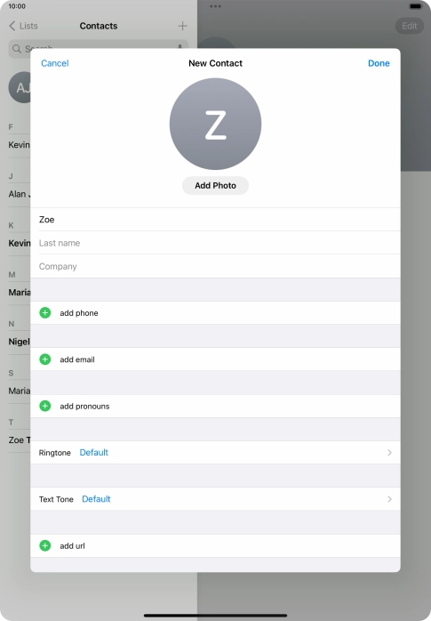 Press Last name and key in the last name. Press Last name and key in the last name.