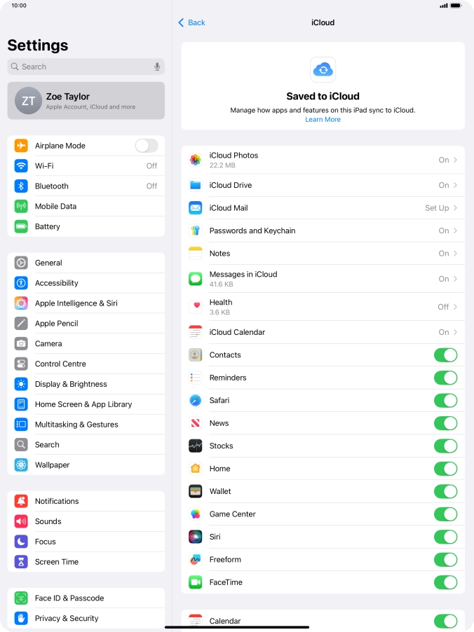 Press the indicators next to the required data types to turn synchronisation of each data type on or off.