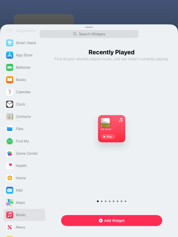 Slide your finger right or left on the screen to select the required widget size.