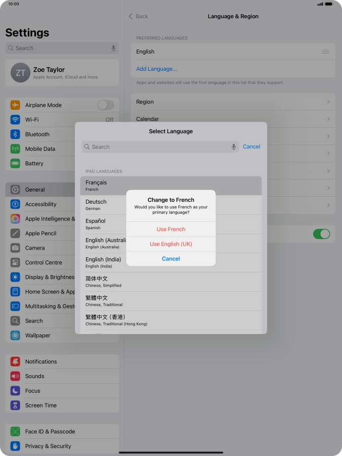 To select the new language as the default tablet language, press Use ‹language›.