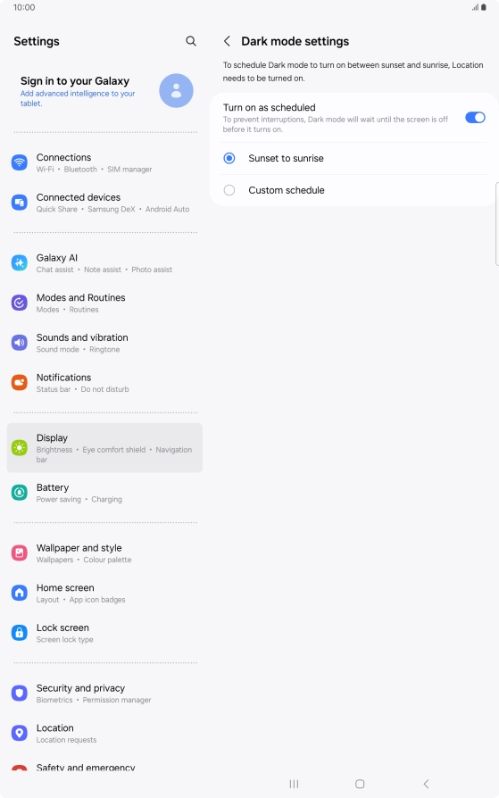 Press the required setting.