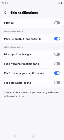 Press the indicators next to the required settings to turn display of the selected notification types on or off. Press the indicators next to the required settings to turn display of the selected notification types on or off.