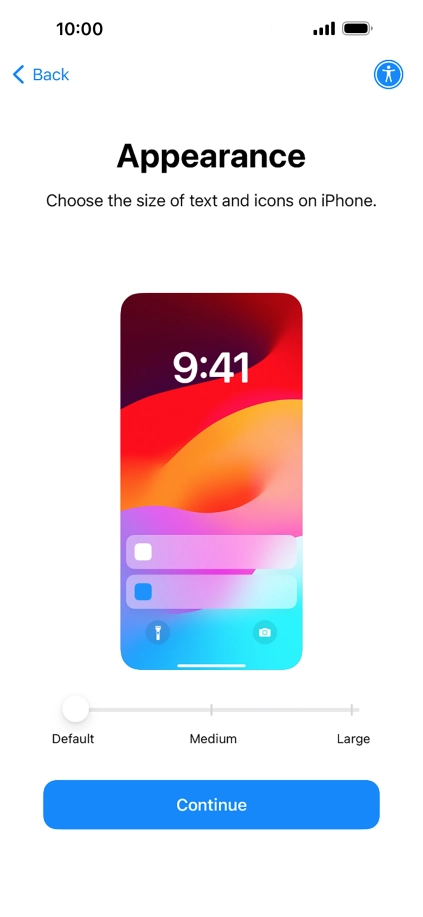 Select the required text and icon size on your phone and press Continue.