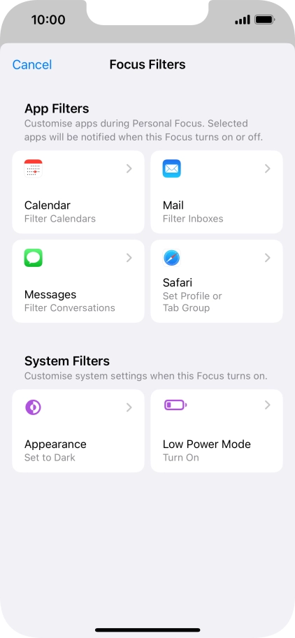 To see specific calendars in the selected focus mode, press Calendar and follow the instructions on the screen to select the required calendars.