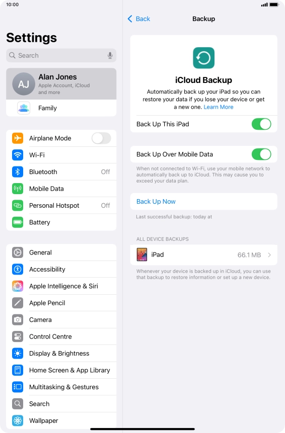 Press Back Up Now and wait while the tablet memory is backed up.