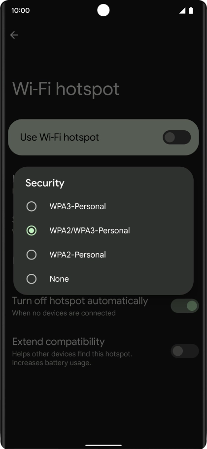Press WPA3-Personal to password protect your Wi-Fi hotspot.