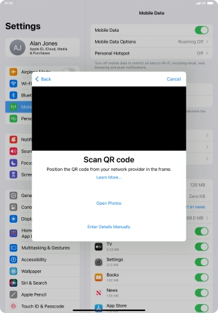 Place the QR code you've received inside the tablet camera frame to scan the code. Your eSIM is transferred to your new tablet over the internet.