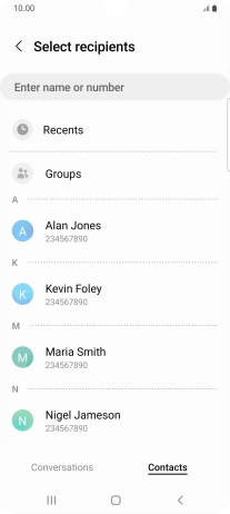 Press the search field and key in the first letters of the recipient's name.