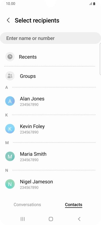 Press the search field and key in the first letters of the recipient's name.