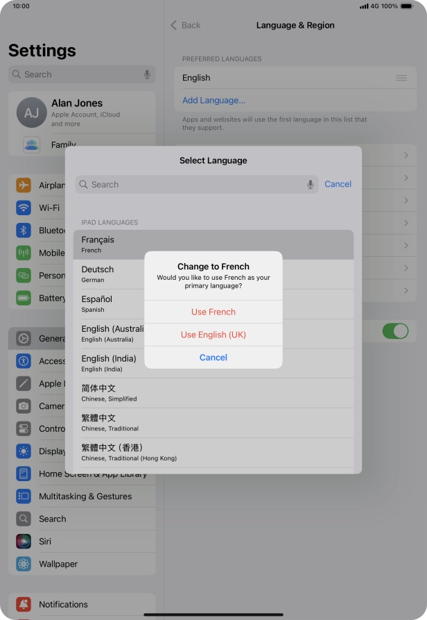 To select the new language as the default tablet language, press Use ‹language›.