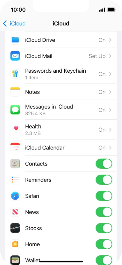 Press the indicators next to the required data types to turn synchronisation of each data type on or off.
