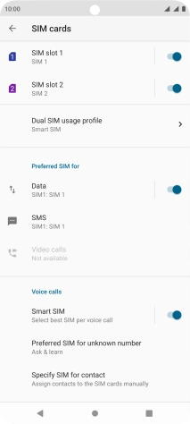 Press the indicator next to the required SIM to turn use of the SIM on or off.