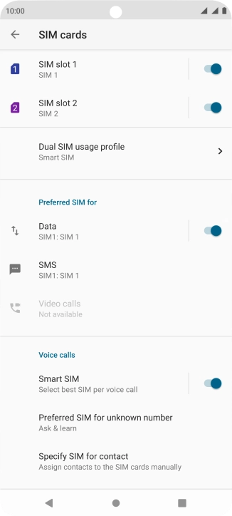 Press the indicator next to the required SIM to turn use of the SIM on or off.