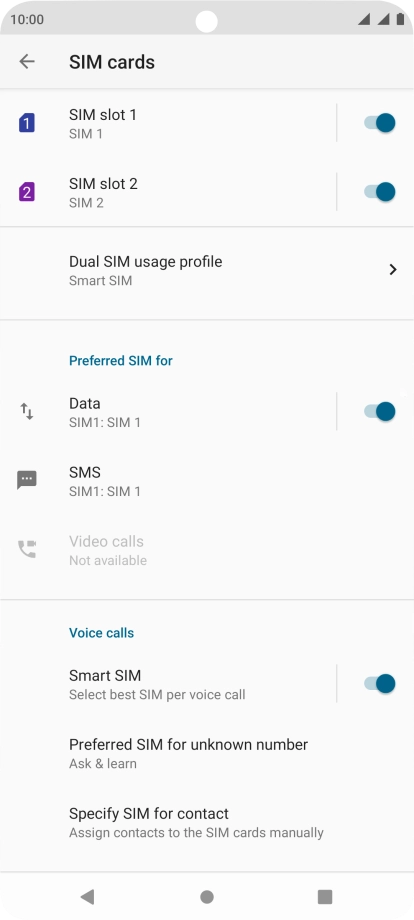 Press the indicator next to the required SIM to turn use of the SIM on or off.