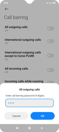 Key in your barring password and press OK. The default barring password is 1919. Key in your barring password and press OK. The default barring password is 1919.