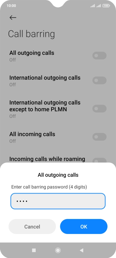 Key in your barring password and press OK. The default barring password is 1919. Key in your barring password and press OK. The default barring password is 1919.