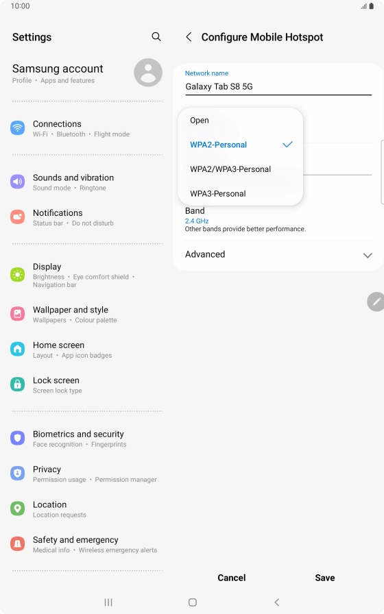 Press WPA3-Personal to password protect your Wi-Fi hotspot.
