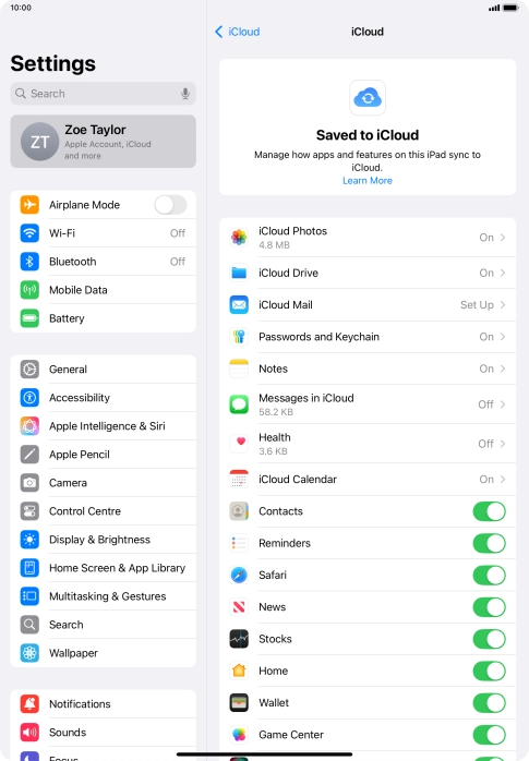 Press the indicators next to the required data types to turn synchronisation of each data type on or off.