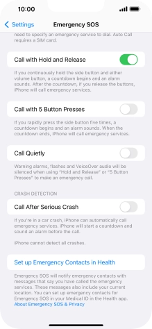 Press Set up Emergency Contacts in Health and follow the instructions on the screen to key in your emergency info and emergency contacts. Press Set up Emergency Contacts in Health and follow the instructions on the screen to key in your emergency info and emergency contacts.