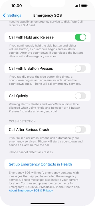 Press Set up Emergency Contacts in Health and follow the instructions on the screen to key in your emergency info and emergency contacts. Press Set up Emergency Contacts in Health and follow the instructions on the screen to key in your emergency info and emergency contacts.