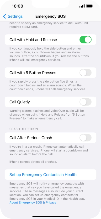 Press Set up Emergency Contacts in Health and follow the instructions on the screen to key in your emergency info and emergency contacts. Press Set up Emergency Contacts in Health and follow the instructions on the screen to key in your emergency info and emergency contacts.