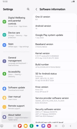 Your tablet's software version is displayed below Android version.