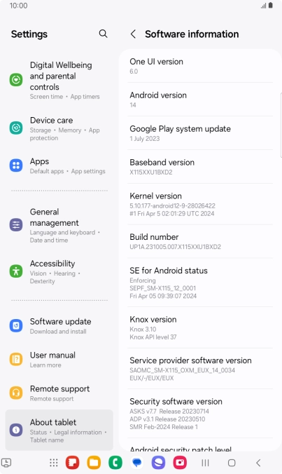 Your tablet's software version is displayed below Android version.